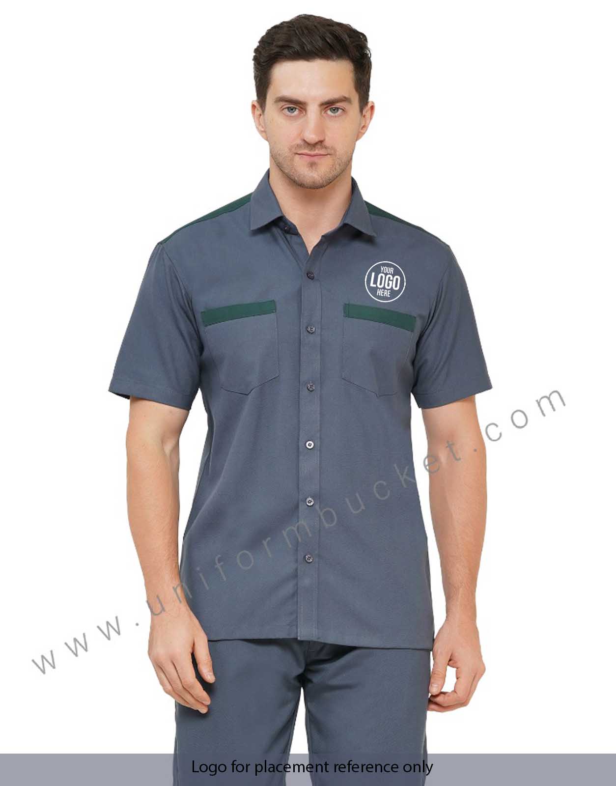 DARK GREY MALE WORKWEAR SHIRT WITH BOTTLE GREEN TRIM view 1